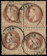 EMPIRE LAURE - 26A   2c. Brun-rouge, T I, BLOC De 4 Obl. Càd T15 NIMES 1/1/66, TB - 1863-1870 Napoleone III Con Gli Allori