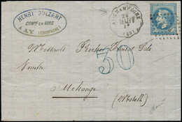Let EMPIRE LAURE - 29A  20c. Bleu, T I, Obl. Los. PS2e Sur LAC Du 24/6/71, Cachet Conv. St. AY-CHAMPAGNE/P.EPERN, Taxe 3 - 1863-1870 Napoleon III With Laurels