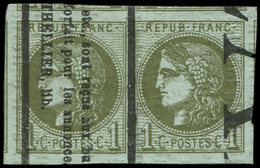 EMISSION DE BORDEAUX - 39B   1c. Olive, R II, PAIRE, Marges énormes, 3 Voisins Et 2 Amorces De Voisins, Obl. Typo, Super - 1870 Emission De Bordeaux