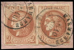 EMISSION DE BORDEAUX - 40Bd  2c. Brun-rouge Foncé, R II, PAIRE PERCEE En LIGNES Obl. Càd T17 MARMANDE 10/11/71 Sur Fragt - 1870 Bordeaux Printing