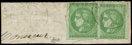 EMISSION DE BORDEAUX - 42B   5c. Vert-jaune, 2 Ex. PERCES En LIGNES, Obl. Càd Pl. De La Bourse 5/71 S. Fragt, TB - 1870 Emission De Bordeaux