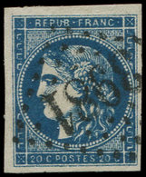 EMISSION DE BORDEAUX - 45C  20c. Bleu, T II, R III, Obl. GC 3981 De TOULON, Grandes Marges, Très Belle Nuance, Superbe - 1870 Emission De Bordeaux