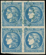 EMISSION DE BORDEAUX - 46B  20c. Bleu, T III, R II, BLOC De 4 Avec Gomme, Obl. Cachet Admnistratif Bleu, TTB - 1870 Emission De Bordeaux