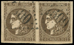 EMISSION DE BORDEAUX - 47f  30c. Brun, LIGNE BLANCHE Derrière La Tête, PAIRE Obl. GC 4500, TTB, Cote Et N° Maury - 1870 Emissione Di Bordeaux