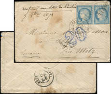 Let CERES DENTELE - 60A  25c. Bleu, T I, PAIRE Obl. GC 4169 S. Env., Càd T17 VESOUL 16/10/71, Taxe Double Trait 20 En Bl - 1849-1876: Période Classique