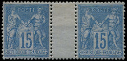 ** TYPE SAGE - 90a  15c. Bleu Sur Bleu, PAIRE Interp., Ch. S. Interp., Jolie Nuance, TTB. Br - 1876-1878 Sage (Tipo I)