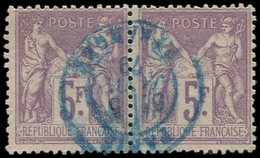 TYPE SAGE - 95    5f. Violet Sur Lilas, PAIRE Obl. Càd BLEU PARIS ETRANGER 1879, TB - 1876-1878 Sage (Type I)