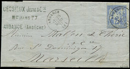 Let TYPE SAGE SUR LETTRES - N°78b 25c. Bleu Sur VERDATRE, Obl. Càd T16 ANDANCE 28/3/77 S. LAC, R Et TB, Certif. JF Brun - 1877-1920: Période Semi Moderne