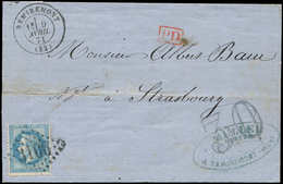 Let Guerre De 1870 -  N°29B Obl. GC 3106 S. LAC, Càd T17 REMIREMONT 9/4/71, Taxe 30 Double Trait Bleu, Pour STRASBOURG,  - Guerre De 1870