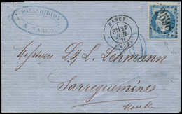 Let Guerre De 1870 -  N°22 Obl. GC 2598 S. LAC, Càd T17 NANCY 27/7/71, Taxe 30 Double Trait En Bleu, Pour SARREGUEMINES, - Guerra Del 1870