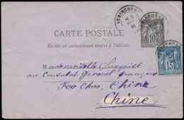 Let DESTINATIONS - CP Entier 10c. Sage Et N°90 Obl. Càd AUDINCOURT 11/81 Pour FOO CHOO CHINE, Passage HONG KONG, Support - 1849-1876: Période Classique