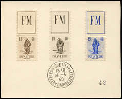 (*) FRANCHISE MILITAIRE - 10A  Infanterie, FM Brun, 3 Essais De Couleur Collés Sur Carton, Càd 14/4/40, TB - Timbres De Franchise Militaire