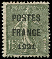 (*) PREOBLITERES - 34  15c. Vert-olive, POSTES FRANCE 1921, Petite Fente, Sinon TB - 1893-1947