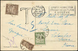 Let TAXE - 29  10c. Brun, Unité Et Moitié De Timbre Pour Faire 5c. Et N°31 20c. Olive, Obl. COLOMBES 31/8/23 S. CP De SU - 1859-1959 Storia Postale