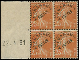 ** ROULETTES - 47  Semeuse Camée, 25c. Jaune-brun, Préo, T IIIC, BLOC De 4 Bdf Daté 22/4/31, TB - Roulettes