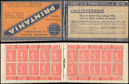 CARNETS (N°Cérès Jusqu'en1964) - 75   Semeuse Lignée, 50c. Rouge, N°199A, T I, S. 135-SA, PRINTANIA, Rousseur Sur Un Int - Autres & Non Classés