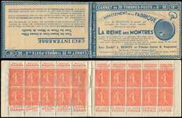 CARNETS (N°Cérès Jusqu'en1964) - 105  Semeuse Lignée, 50c. Rouge, N°199B, T IIB, S. 183 A, LA REINE DES MONTRES, TB - Autres & Non Classés