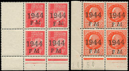 ** TIMBRES DE LIBERATION - CHERBOURG DEFENSE PASSIVE 1/2 : 1f. Rouge Et 3f. Orange, BLOCS De 4 Cdf, TB - Libération