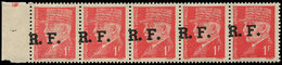 ** TIMBRES DE LIBERATION - LYON 9c : Pétain 1f. Rouge, Surch. EN BIAIS Et Très Déplacée, BANDE De 5, TB - Libération