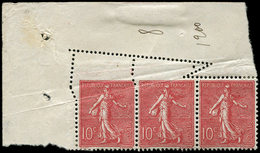 ** VARIETES - 129   Semeuse Lignée, 10c. Rose, BANDE De 3 Cdf, 2 Ex. Avec Variété De PIQUAGE, TB - Neufs