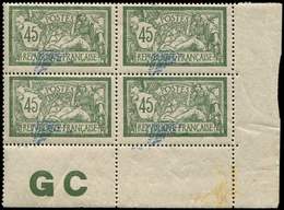 ** VARIETES - 143e  Merson, 45c. Vert Et Bleu, CENTRE TRES DEPLACE, BLOC De 4 Cdf, Manchette GC, Un Ex. *, TB, R, Cote E - Neufs