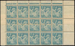 ** VARIETES - 650   Iris,  1f. Bleu Clair, BLOC De 15 Haut De Feuille, 10 Ex. Impression Sur RACCORD, TB. C - Neufs