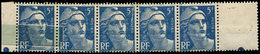 ** VARIETES - 719B  Gandon,  5f. Bleu, Imprimé SUR RACCORD, Sonnette Sur 2 Ex., TB - Neufs