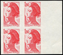 ** VARIETES - 2220   Liberté, 1,80 Rouge, NON DENTELE Accidentel, BLOC De 4 Bdf, TB - Neufs