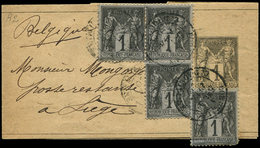 Let ENTIERS POSTAUX - Sage,  1c. Noir, Bande N°A2 Affr. N°83 (4) Obl. BORDEAUX 4/2/( )0 Pour LIEGE En Poste Restante, TB - Sonstige & Ohne Zuordnung