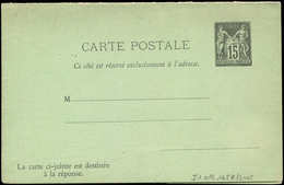 Let ENTIERS POSTAUX - Sage, 15c. Noir, CPRP N°I1, Carton Vert, TB - Autres & Non Classés