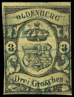 ALLEMAGNE (ANCIENS ETATS) OLDENBOURG 8 : 3g. Noir Sur Jaune, Obl., Bleu, Touché, B - Oldenburg