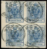 AUTRICHE 5B : 9k. Bleu, BLOC De 4 Obl. Càd PESTH 25/2, Timbres Sur Papier Machine, TB, Certif. - Autres & Non Classés