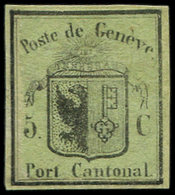 (*) SUISSE 2 : 5c. Noir Sur Vert, Remargé Mais Authentique - 1843-1852 Federal & Cantonal Stamps