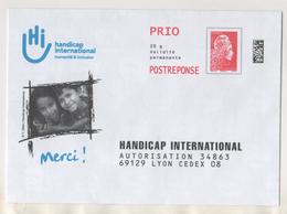 PAP ENTIER POSTAL POSTREPONSE MARIANNE YSEULTYZ CATELIN HANDICAP INTERNATIONAL, RARE NUMERO 183225, VOIR LES SCANNERS - Prêts-à-poster:reply