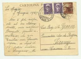 CARTOLINA POSTALE 2 FRANCOBOLLI  CENT. 50 + LIRE 3 - LA SPEZIA - FIRENZE - Storia Postale
