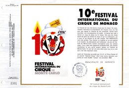 🎪 " 10éme FESTIVAL INT DU CIRQUE DE MONACO " Sur Feuillet CEF 1er Jour N°té De 1984 De MONACO. Parfait état. FDC - Cirque