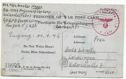 KRIEGSGEFANGENENPOST - 1944 - CARTE PRISONNIER DE GUERRE ALLEMAND à INDIANOLA (USA) => LEICHLINGEN RECUE En 1946 !! - Courriers De Prisonniers