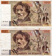 Lot De 2 Billets De 100 Francs Français Eugène Delacroix De 1991 - 100 F 1978-1995 ''Delacroix''