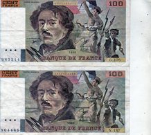 Lot De 2 Billets De 100 Francs Français Eugène Delacroix De 1990 - 100 F 1978-1995 ''Delacroix''