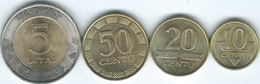 Lithuania - 10 (2008) 20 (2009) & 50 Centu (1998); 5 Litai (2009) (KMs 106-108 & 113) - Lituania