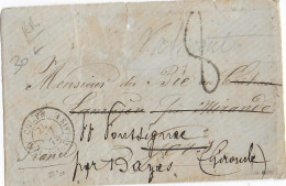 1873 - ENVELOPPE Avec ENTREE COL.FR. Par AMBULANT CALAIS F RARE => MIRANDE (GERS) READRESSEE => BAZAS - Entry Postmarks