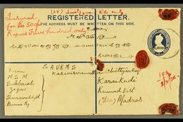 1938  (March) Overprinted 3a And 1a Registered Envelope , Bearing Additional Overprinted 1a, 3a And 1r Tied By Zigon Cds - Burma (...-1947)