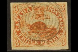 1857  3c Red On Thin Soft, Horizontally Laid Paper, SG 22, Superb Used With Large Margins All Round And Central Cancel.  - Andere & Zonder Classificatie