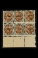 1902  8c On 10c Bistre-brown And Blue, SG 44, Mint Lower Marginal Block Of Six, One Stamp Showing "2" Of "1902" With Str - Deens West-Indië