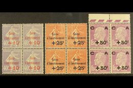 1928  "Caisse D'Amortissement" (Sinking Fund) Set (Yvert 249/51, SG 466/68) In NEVER HINGED MINT BLOCKS OF FOUR. (3 Bloc - Autres & Non Classés