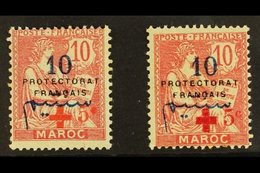 MOROCCO  1914 Red Cross +5c On 10c Carmine Surcharge, Yvert 58, Mint, Small Thin. With Vermilion Surcharge, Yvert 57, Fo - Other & Unclassified