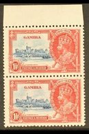 1935  1½d Deep Blue And Scarlet, Jubilee, Top Marginal Vertical Pair Showing The Variety "Lightening Conductor" By Left  - Gambia (...-1964)