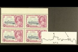 1935  1s Slate And Purple, Jubilee, Top Marginal Block Of 4 Showing The Variety "Lightening Conductor" By Left Spire Of  - Gambia (...-1964)