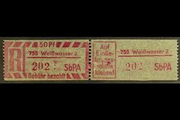 REGISTERED MAIL STAMP (EINSCHREIBEMARKEN)  1968 50pf With Type 1 Postcode, Perf 12½, Michel 2 C PLZ 758-2 (Weisswasser 2 - Altri & Non Classificati