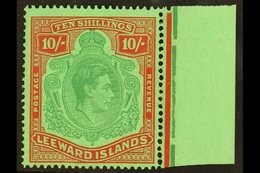 1938-51  10s Bluish Green And Deep Red On Green Key Type Chalky Paper Position 24, SG 113, Fine Never Hinged Mint Margin - Leeward  Islands
